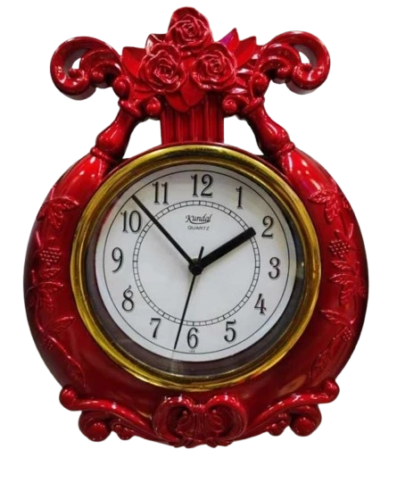 "Elegant Red Rose Kundal Quartz Wall Clock with Gold Trim"