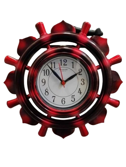 "Red and Black Ships Wheel Wall Clock with Accurate Quartz Movement"