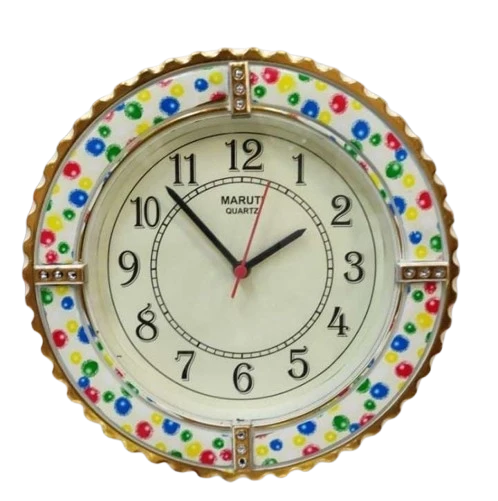 "Round White Analog Maruti Wall Clock with Colorful Dotted Border and Gold Frame"