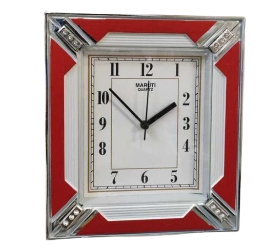 "Red and White Maruti Quartz Wall Clock with Silver Frame and Rhinestones"