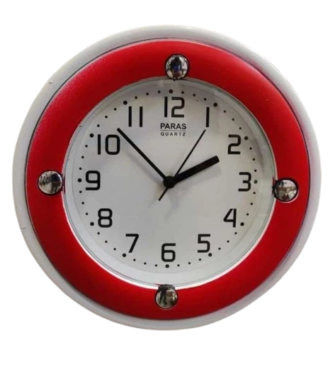 "White and Red Round Wall Clock with Silver Accents and PARAS QUARTZ Label"