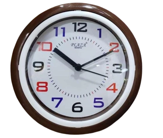 round-brown-framed-wall-clock-with-multicolored-numbers-and-plazaquartzlabel-m-naseem-time