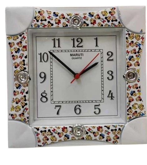 "White Square Wall Clock with Cartoon Mouse Characters and MARUTI QUARTZ Label"