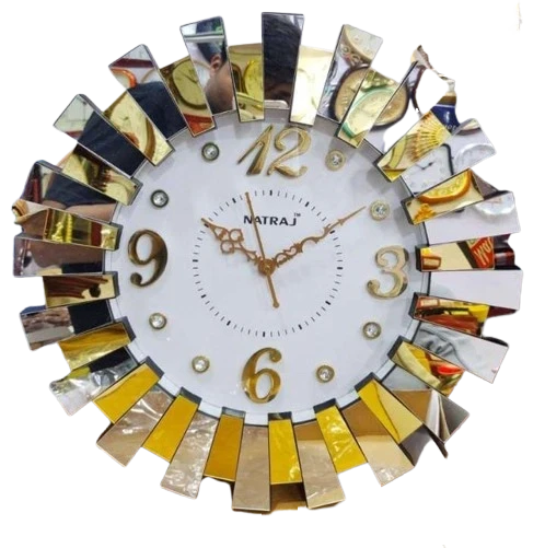 "Large White and Gold NATRAJ Wall Clock with Mirrored Sunburst Design"