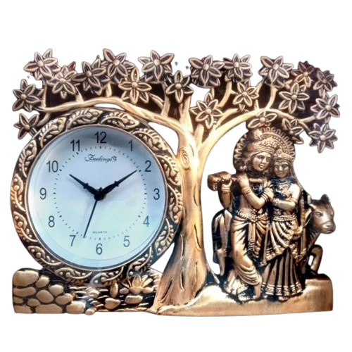 "Gold and Black Clock with Feelings Inscription, Intricate Tree, Radha and Krishna"