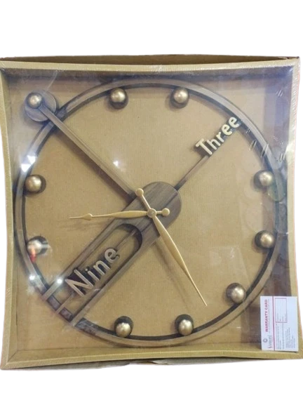 "Gold Analog Clock with Roman Numerals and Wooden Center"