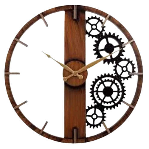 "Round Wall Clock with Wooden Frame, Gold Accents, and Six Black Gears"