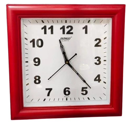"Square Red Framed Indigo Wall Clock with Black Hands and Numbers"