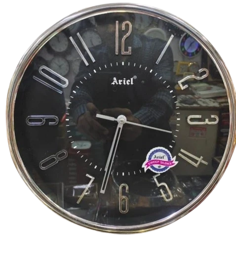 "Ariel Round Black Wall Clock with Silver Trim and Numbers"