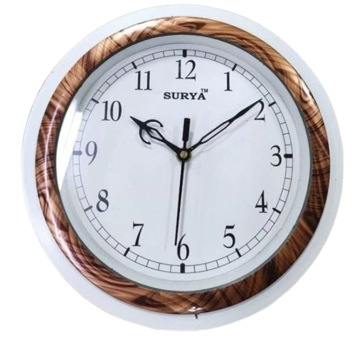 "White Round Surya™ Wall Clock with Wood-Grain Patterned Outer Rim"