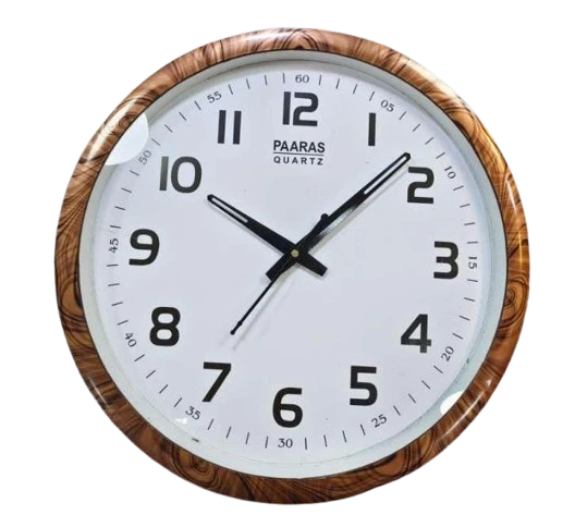 "Brown Framed PAARAS Quartz Wall Clock with Woodgrain Face"