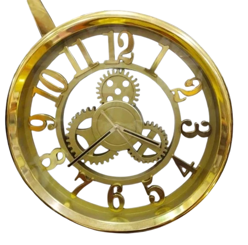 "Gold Analog Wall Clock with Roman Numerals and Gears"