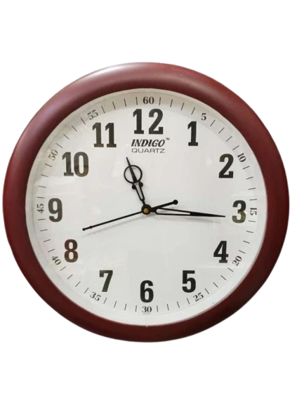 "Red-Brown Framed Indigo Clock with White Face and Black Hands (12-inch diameter)"