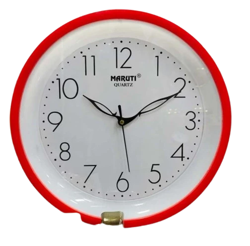 "White Circular Maruti Quartz Wall Clock with Red Rim and Black Hands"