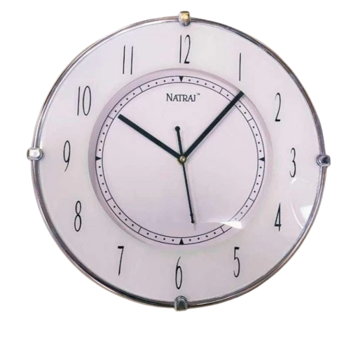 "White Round Natraj Wall Clock with Silver Rim and Black Hands"