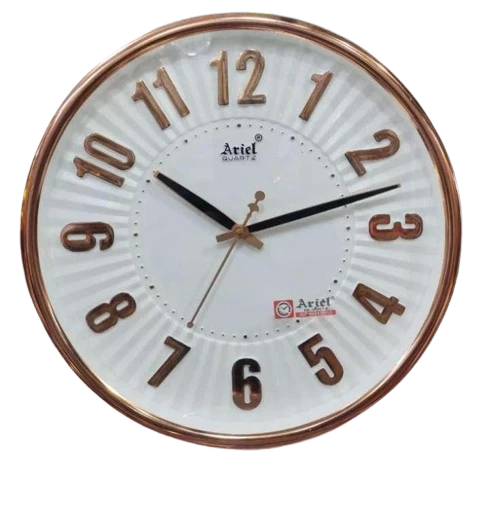 "White Round Ariel Quartz Wall Clock with Copper Rim, Black Hands, and Gold Numbers"