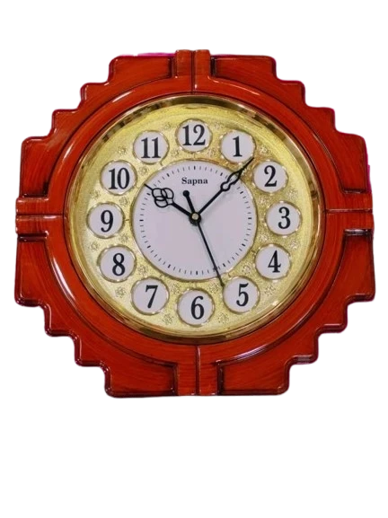 "Large Round Wooden Framed Sapna Wall Clock with Gold Rim and White Face"