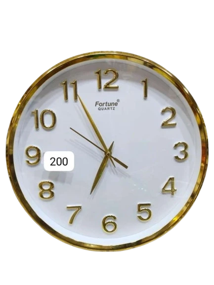 "Fortune White Round Wall Clock with Gold Trim and Gold Numbers"