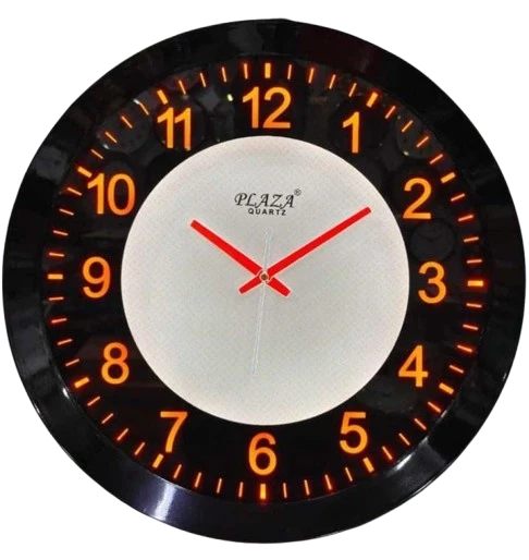 "Plaza Quartz Black and Orange Round Wall Clock with Red Hands"