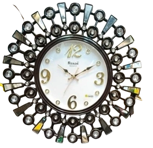 "Black Round Analog Wall Clock with Rhinestone Spikes - 12 inches"