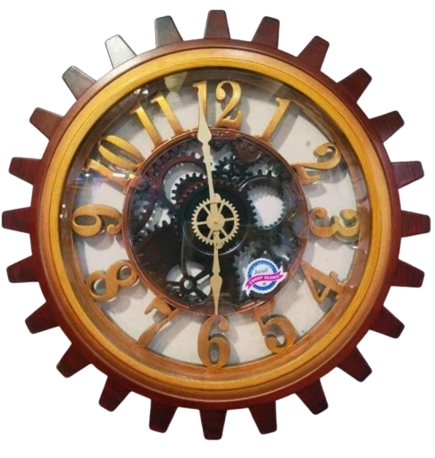 "Large Wooden Gear Clock with Maroon and Gold Design - 20 inches"