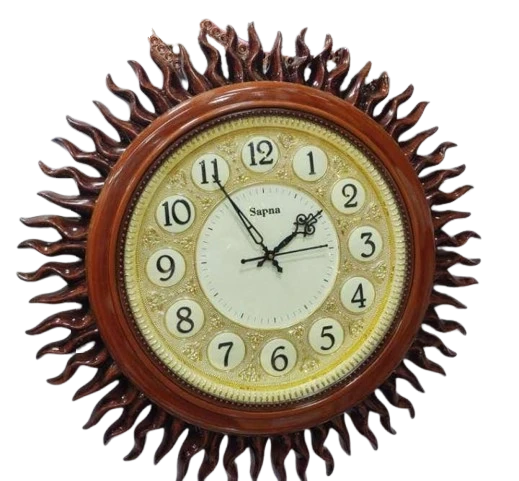 "Large Wooden Sun-Shaped Sapna Wall Clock with Gold Numbers - 22 inches"