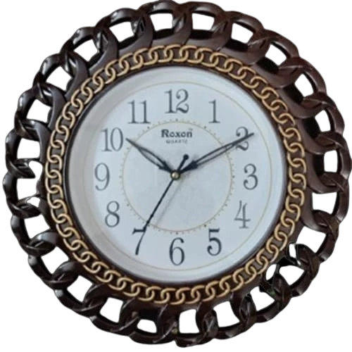 "Brown Wall Clock with White Face and Gold Trim - Roxon Quartz"