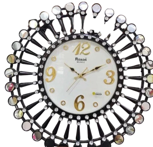 "Large Black and White Wall Clock with Silver Rhinestones and Mirrors - Roxon Quartz Silent Glass Sweep"