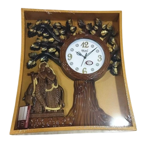 "Wooden Wall Clock with Tree Design and Krishna and Radha - REAL QUARTZ"