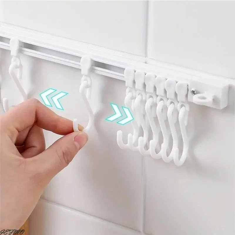 Wall Mounted Hanger Multifunctional Slide Rail Hook Key Hook Track Wall Mounted Kitchen Utensil Rack with 10 Hooks Hanging Pot Rack Hanger Adhesive Coat Hook Rail Multi Purpose Rail Hook for Kitc
