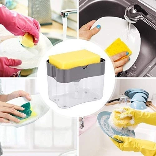 2 in 1 Soap Dispenser for Bathroom Accessories Dishwasher Liquid Holder Bathroom Accessories Dishwasher Pump 400 ML with Sponge Holder Kitchen Sink Accessories