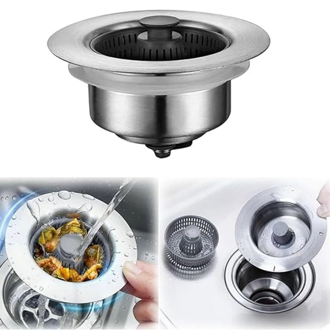 3 in 1 Kitchen Sink Drain Strainer Stopper | 3 In 1 Stainless Steel Strainer | Sink Draining Basket Filter