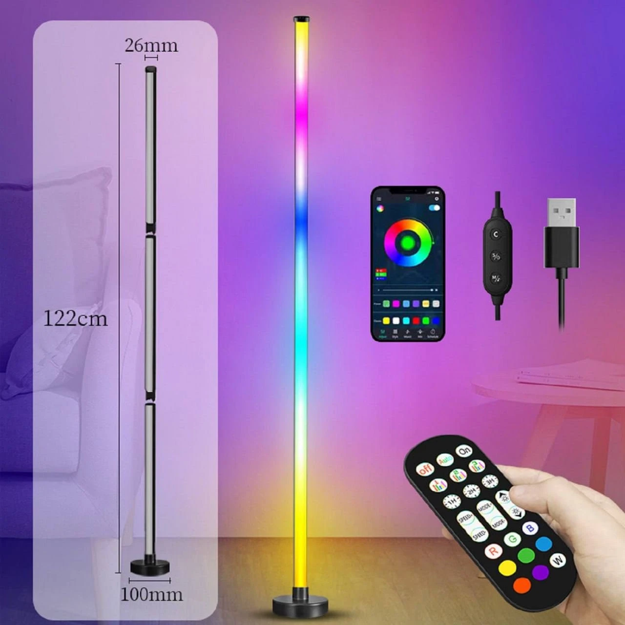 Corner Floor Lamp | Smart RGB LED Corner Lamp with App and Remote Control | LED Corner RGB Floor Lamp