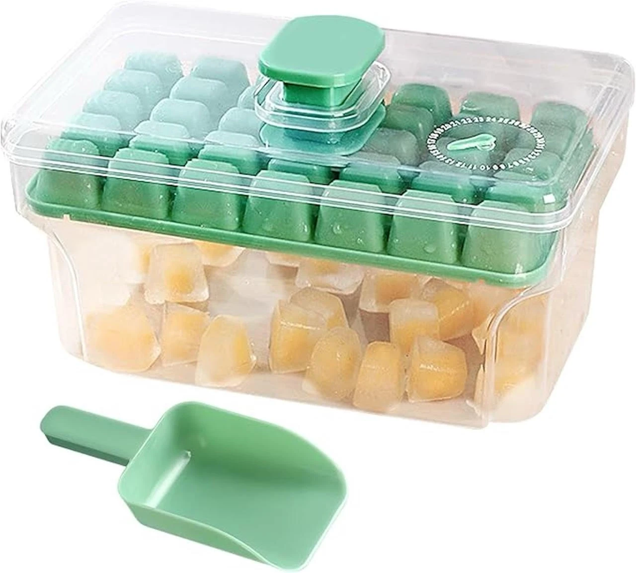 Easy Press Ice Tray Container | Effortless Ice Cube Maker, Quick Release Ice Mold | Ice Tray with Storage | Press Type Ice Maker | 2 Layer Ice Cube Tray with Lid & Bin | 68 Ice Cubes Tray