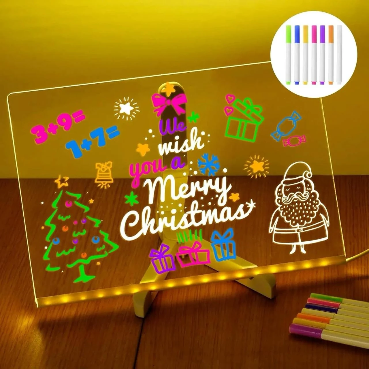 LED Message Board | 3D Acrylic Writing Board with 7 Pen & Light | 15x15 cm DIY 3D Rewritable Message Pad
