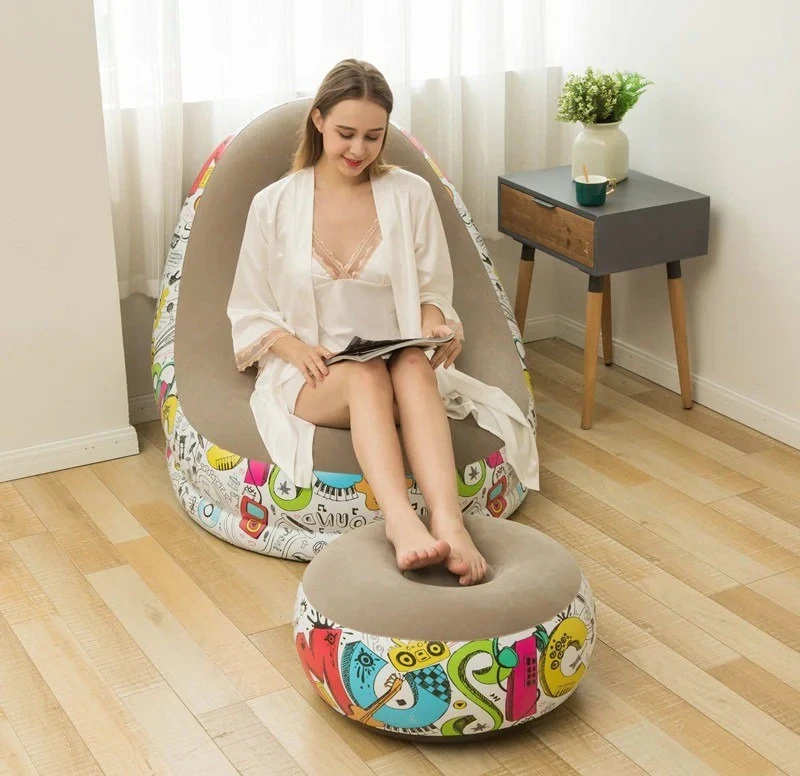 Inflatable Sofa Chair Printed Sofa Chair With Foot Stool | Inflatable Lounge Chair | Inflatable Lazy Sofa With Footrest | Foldable Air Couch Sofa | Air Bed Sofa With Electric Air Inflactor Pump (WITHOUT BOX )