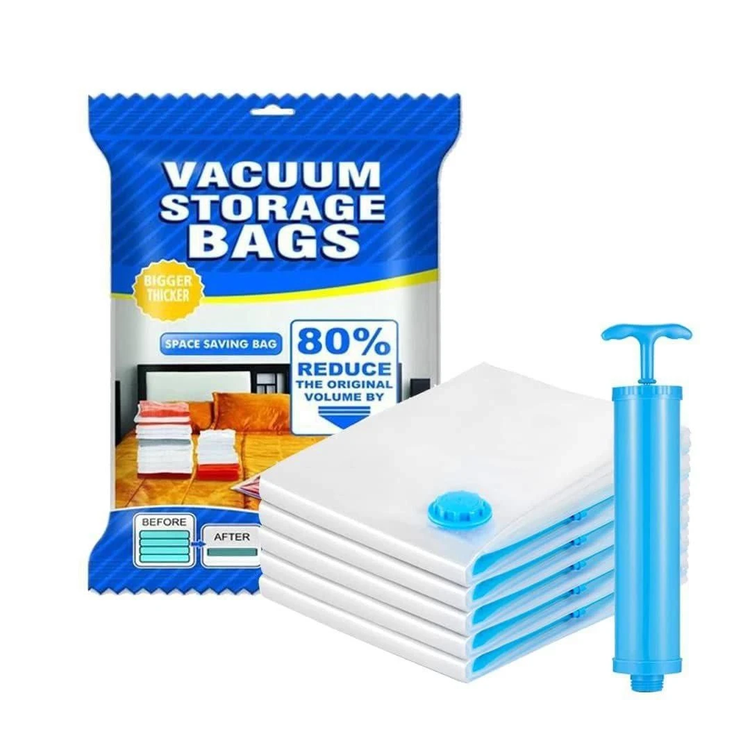 5 PIS VACUUM BAG WITH PUMP 5 PCS VACCUME BAG Vacuum Seal Storage Bags Reusable Vacuum Storage Space Saver Bags New Vacuum Bag Transparent Border Foldable Extra Large Compressed Organizer Storage Bag Saving Space Seal Bags