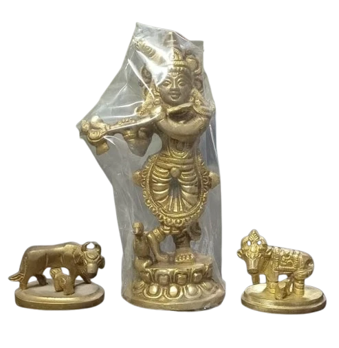 Brass Krishna Statue Playing Flute, 6 Inch Spiritual Murti, Decorative Figurine with Unique Design