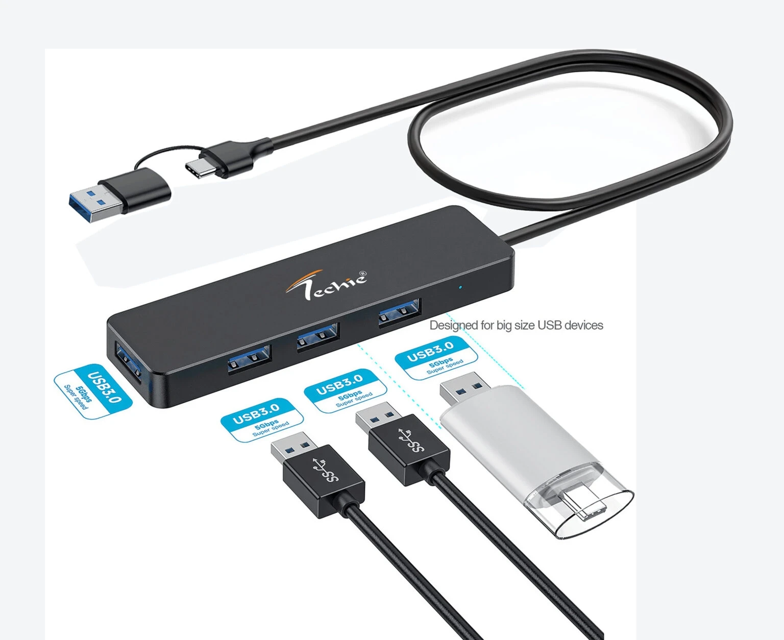 Maximize Connectivity with USB/Type-C Hub – 4 x USB 3.0 Ports & 1M Cable for Laptop, PC, Mac