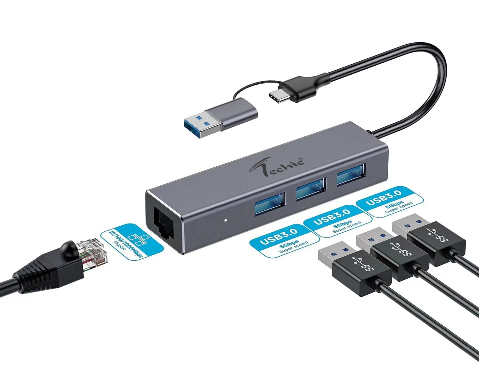 Enhance Your Device’s Connectivity with 4-in-2 USB/Type-C Hub – 3 x USB 3.0 & 1 x Gigabit Ethernet