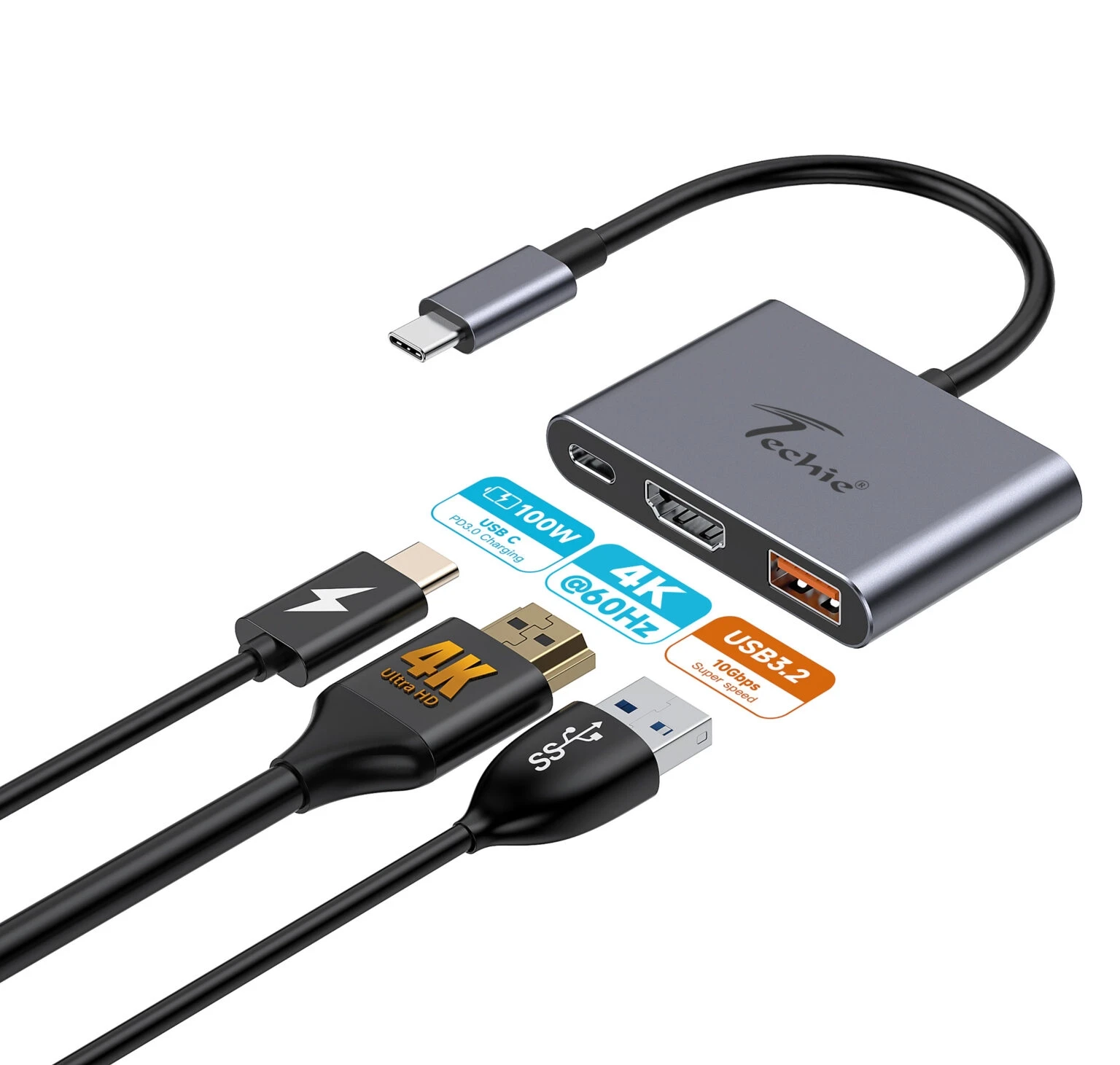 TC Connect 3-in-1 Type C Hub: PD 100W Type-C, USB 3.2 (10Gbps), 4K@60Hz HDMI