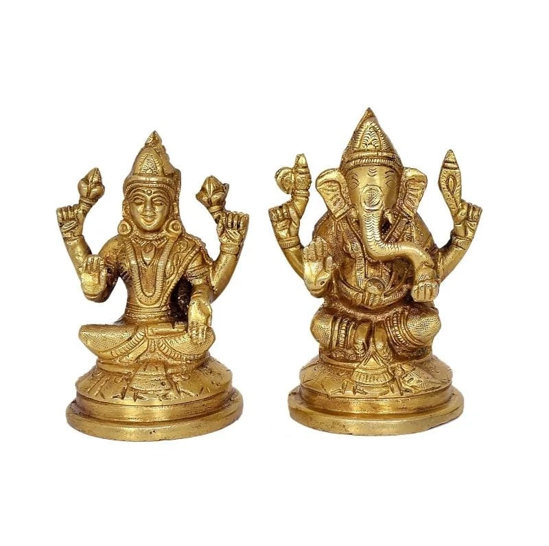 Laxmi Ganesh (Set of 2) Idol for Home Decor Mandir Table Desktop Table Decoration in Brass (Height:4")