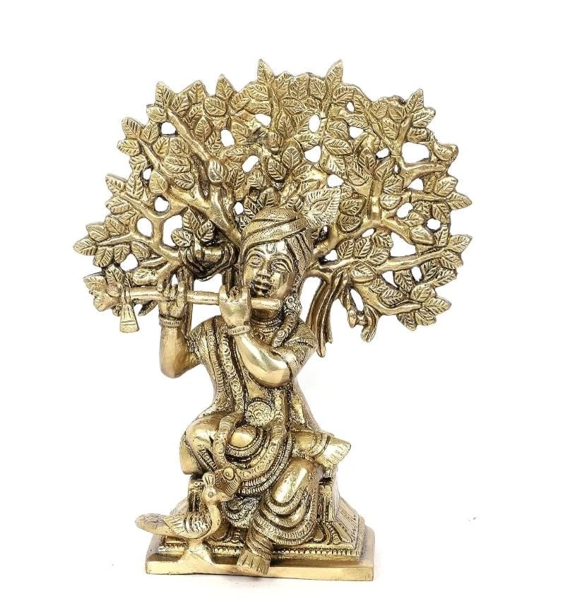 Murli Krishna Sitting under the Tree Brass Showpiece, Krishna Idol for Home Decor