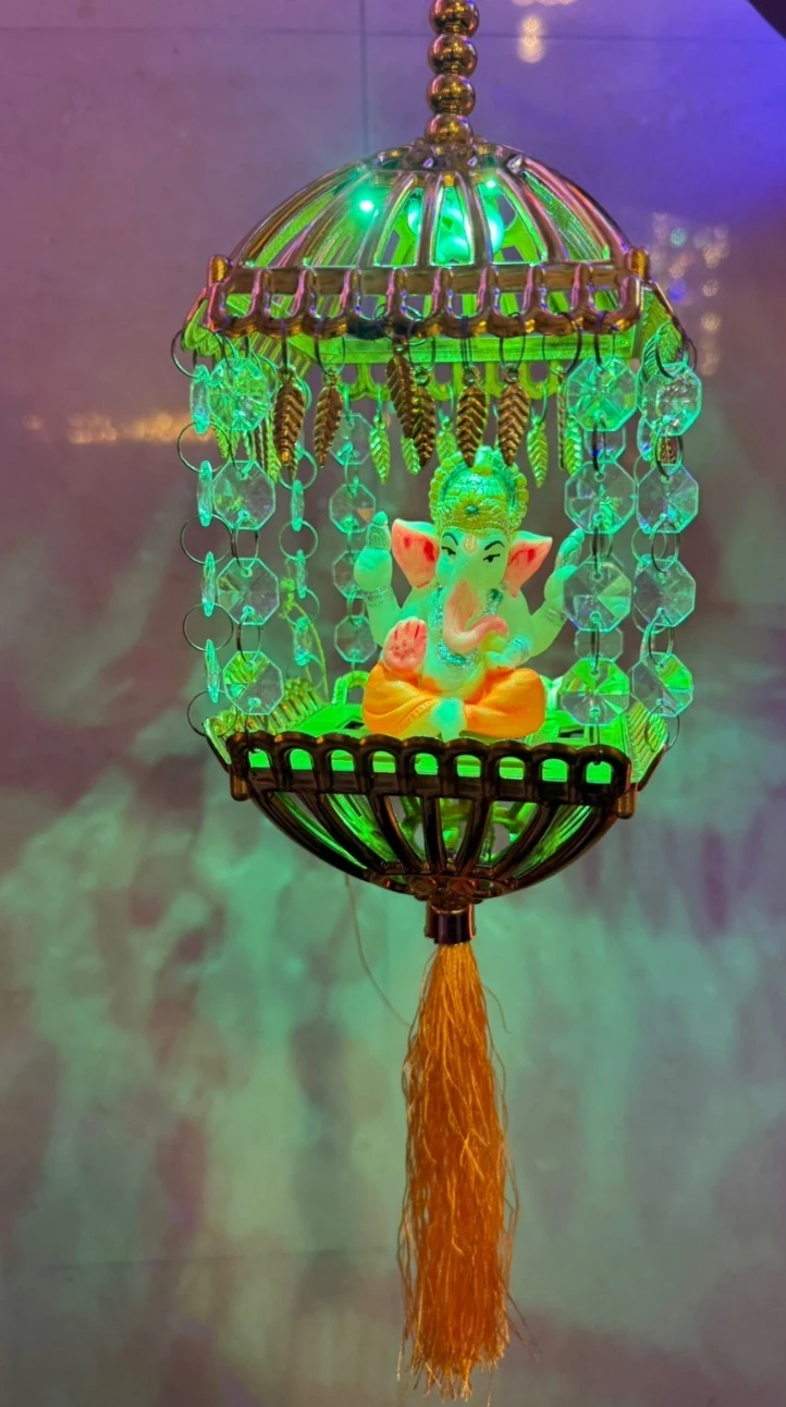 Decorative Ganesha Lamp with Hanging Crystal Beads