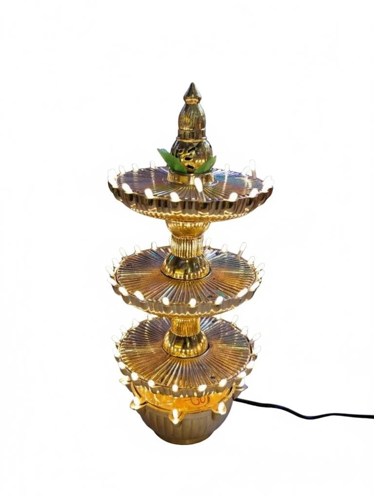 Large 3-Layer Brass Finish Decorative Diya Stand with Warm LED Lights for Festive Occasions