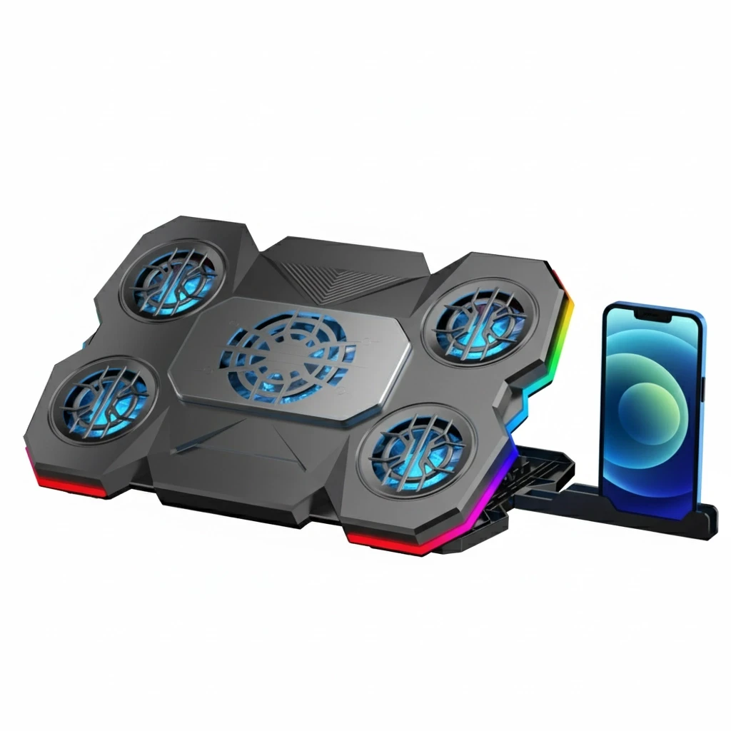 ArcticFlow 5-Fan Laptop Cooling Pad with ChillPad and Touch RGB Controls.
