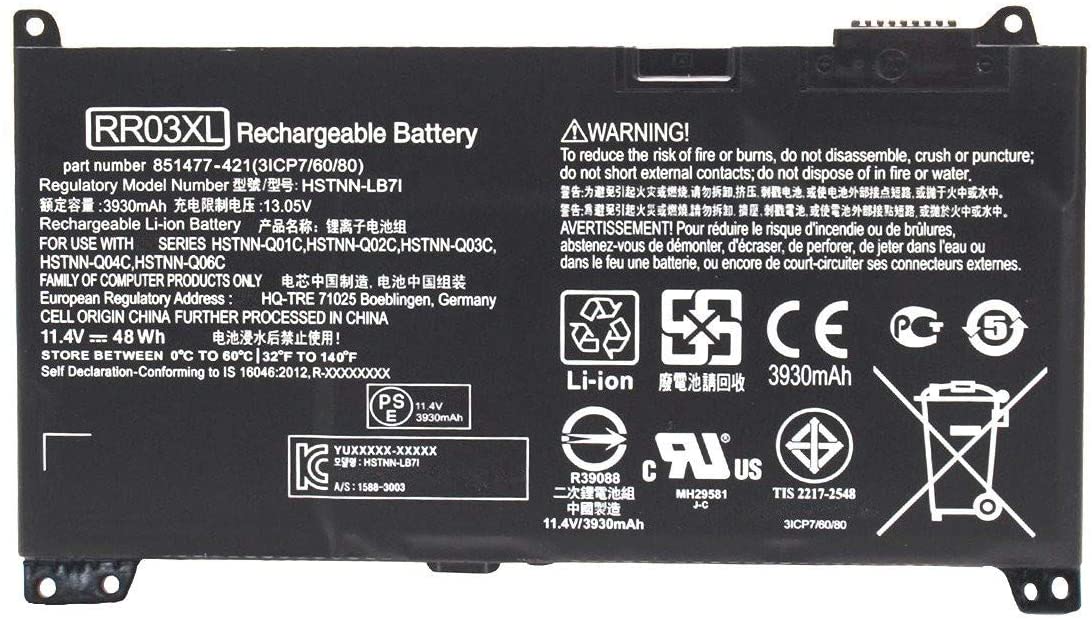 Compatibe Battery for HP RR03XL – HSTNN-UB7C, 851477-421 Laptops (3400mAh, 3-Cell)